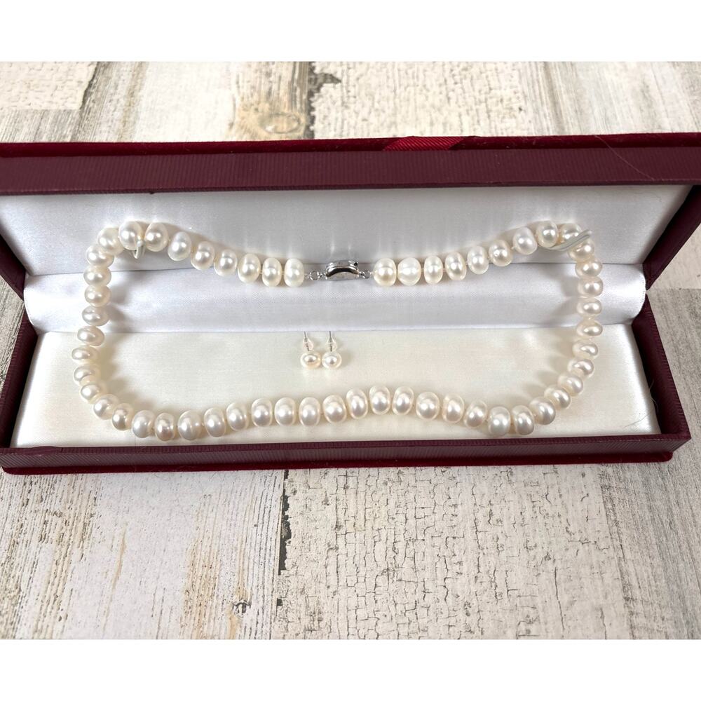 White Freshwater 18" Pearl Necklace & Earrings Set Silver NEW Gift Eleegant